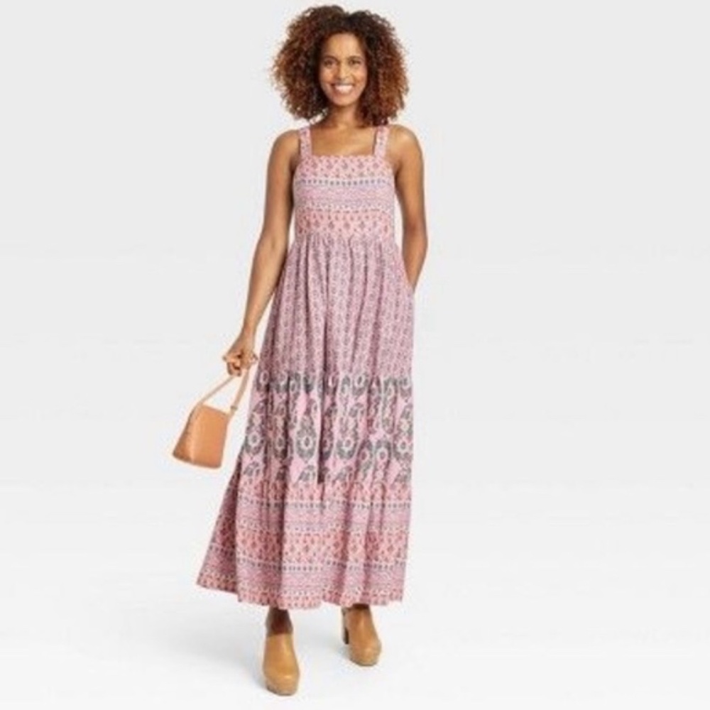 Knox Rose Peasant tiered mix-media floral sleeves Barbie pink Maxi Dress Size M